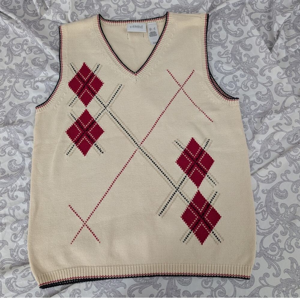 Liz Claiborne Cream V-Neck Argyle Sweater Vest with Red Accents